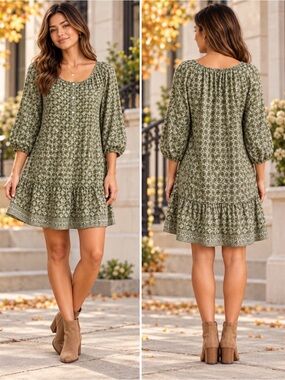 NWT Max Studio London Olive Green Geometric Tiered Mini Dress Medium